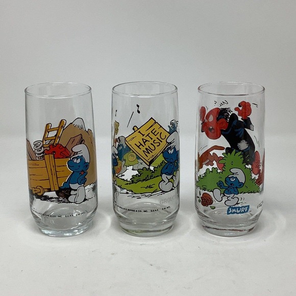 Peyo Wallace Berrie & Co Other - Lot Of 3 VTG Smurf Glasses Peyo Wallace Berrie Hefty Grouchy Gargamel 1982